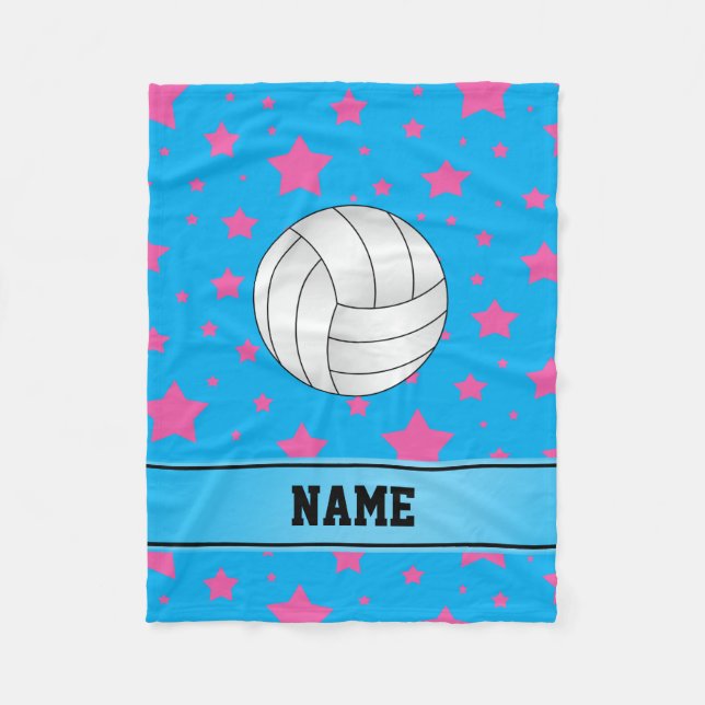 Personalized name volleyball blue pink stars fleece blanket (Front)
