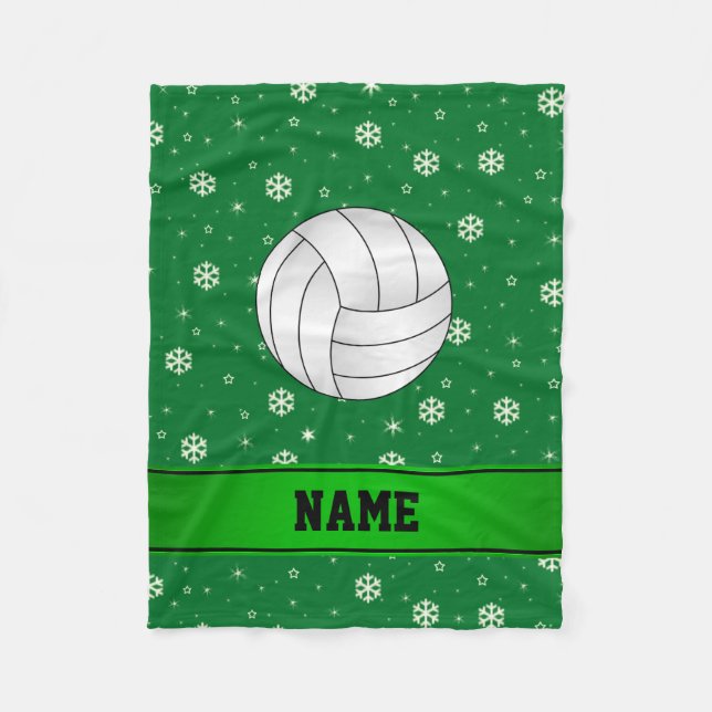 Personalized name volleyball green snowflakes fleece blanket (Front)