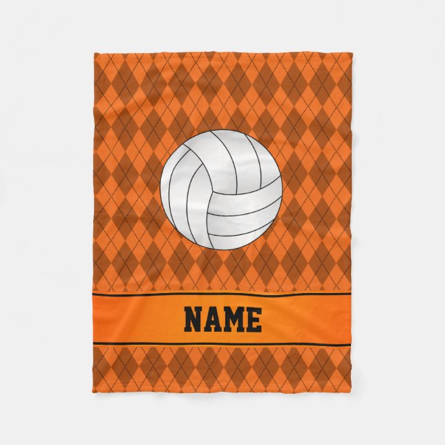 Personalized name volleyball orange argyle fleece blanket (Front)