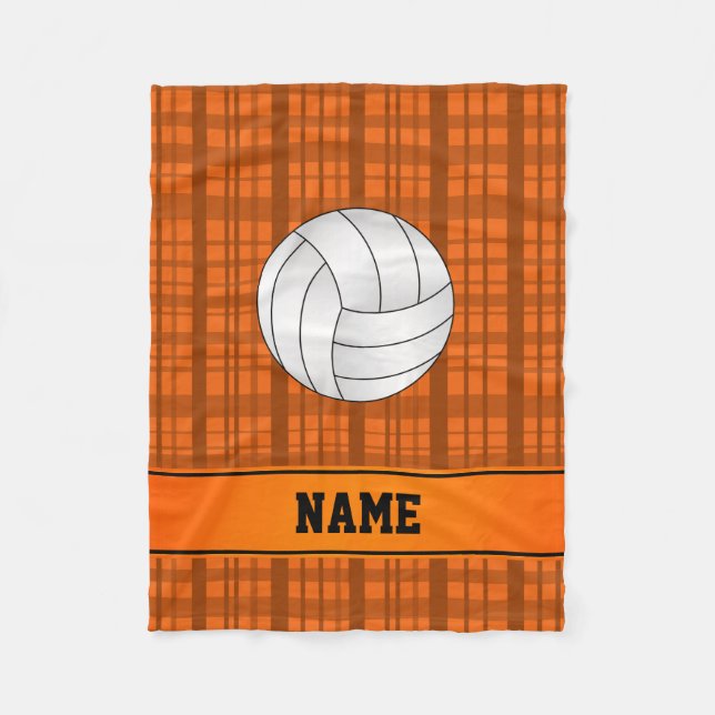 Personalized name volleyball orange plaid fleece blanket (Front)
