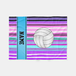 Personalized name volleyball pink purple stripes fleece blanket | Zazzle