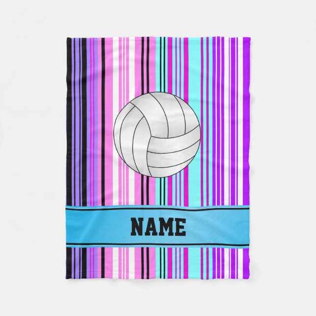 Personalized name volleyball pink purple stripes fleece blanket (Front)