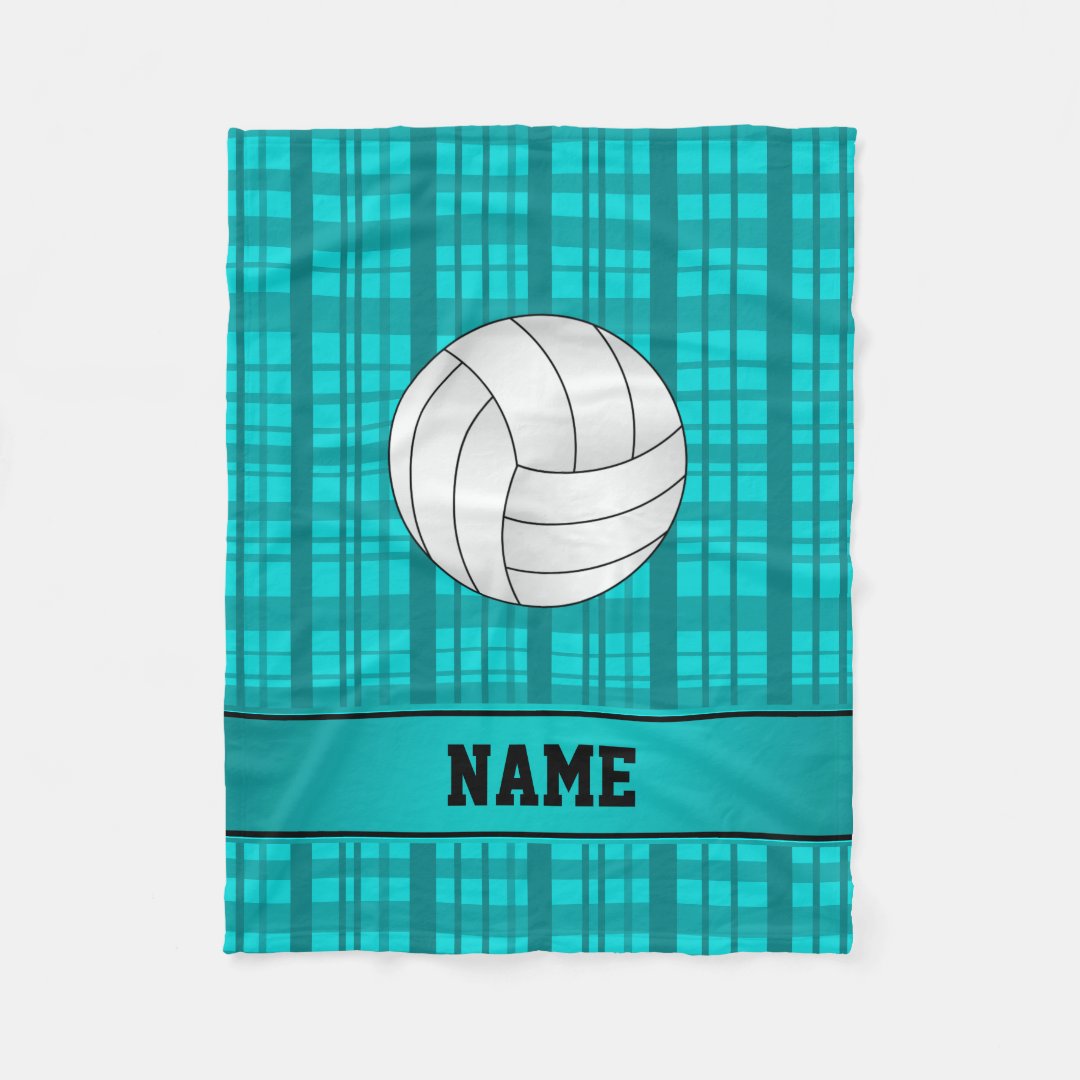Personalized name volleyball turquoise plaid fleece blanket | Zazzle