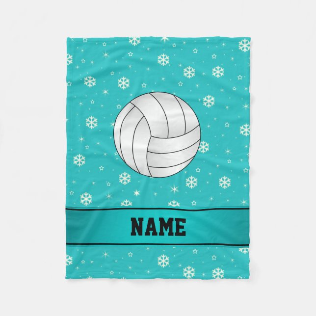 Personalized name volleyball turquoise snowflakes fleece blanket (Front)
