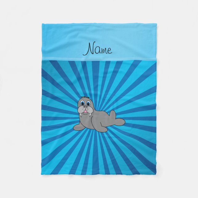 Personalized name walrus blue sunburst fleece blanket (Front)