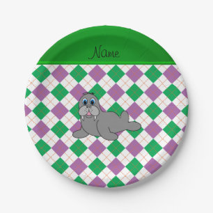 Personalized name walrus green purple argyle paper plates
