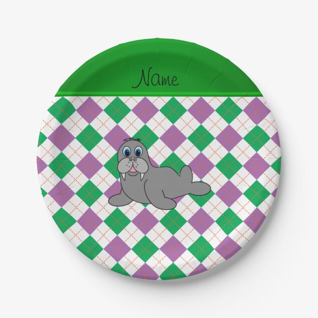 Personalized name walrus green purple argyle paper plates (Front)