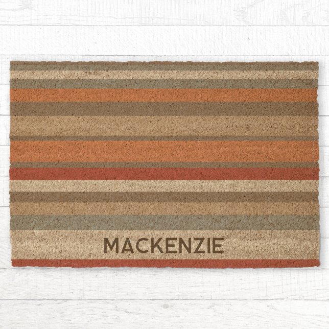 Personalized Name Warm Stripe Pattern Fiber Doormat (Modern stripe red orange personalized family name fiber doormat)