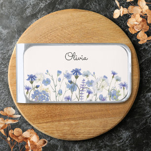 Personalized Name Watercolor Blue Wildflower Silver Finish Money Clip