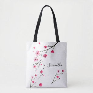 Personalized Name watercolor Cherry Blossom Tote Bag