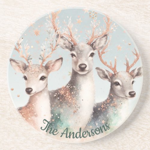 Personalized Name Watercolor Deer Winter Woodland Coaster