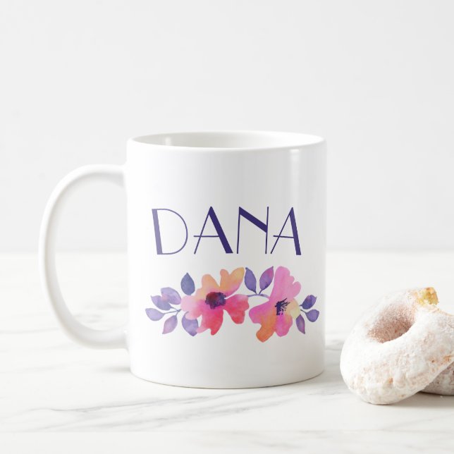 Personalized Name Watercolor Flowers Coffee Coffee Mug (With Donut)