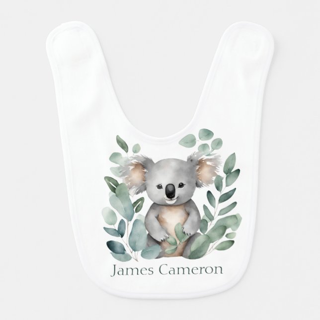 Personalized Name Watercolor Koala Bear Baby Bib (Front)