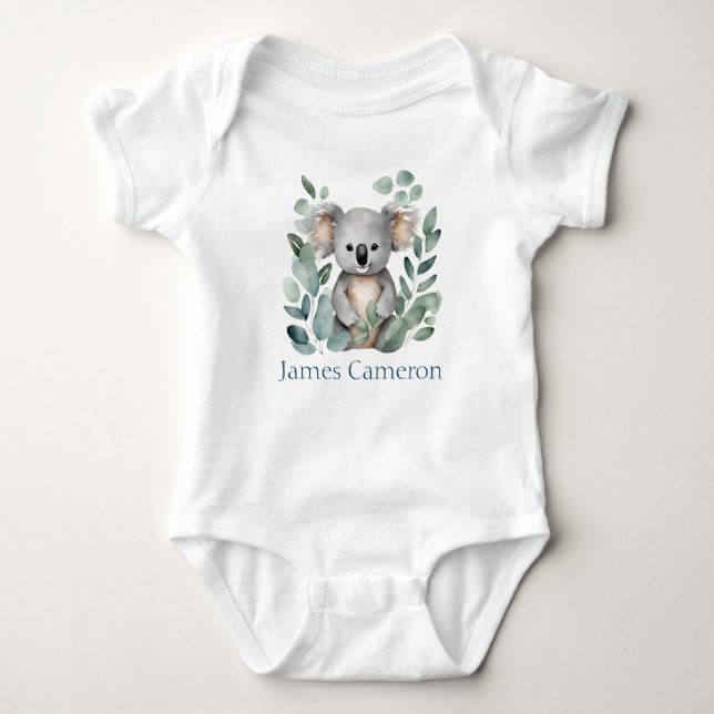 Personalized Name Watercolor Koala Bear Baby Bodysuit (Front)