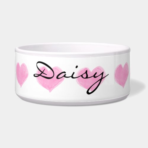 Personalized Name Watercolor Pink Hearts Bowl