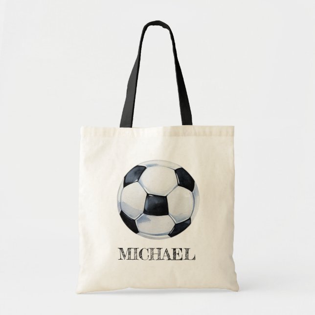 Personalized Name  Watercolor Soccer Ball Football Tote Bag (Front)