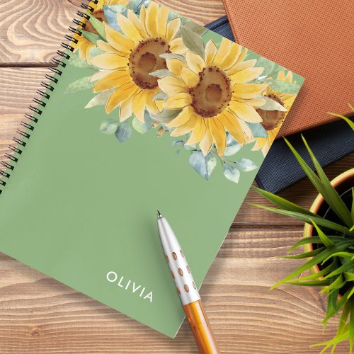 Personalized Name Watercolor Sunflower Sage Green Notebook