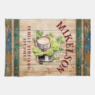 Personalized Name Watercolor Vineyard Wood Barrel Kitchen Towel