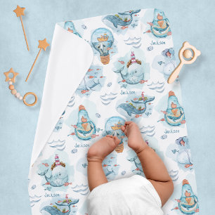 Personalized Name Watercolor Whale Boy Baby Blanket