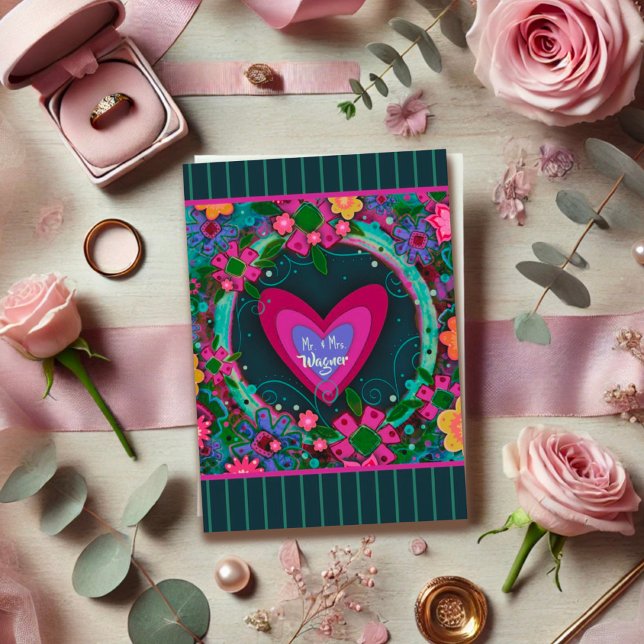 Personalized Name Wedding Modern Heart Stripe Card (Creator Uploaded)