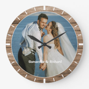 Personalized Name Wedding Photo Rustic Wood Frame  Large Clock