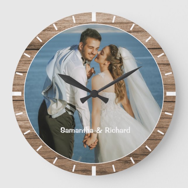 Personalized Name Wedding Photo Rustic Wood Frame  Large Clock (Front)