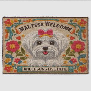 Personalized Name Welcome Maltese Dog Lover Fiber Doormat
