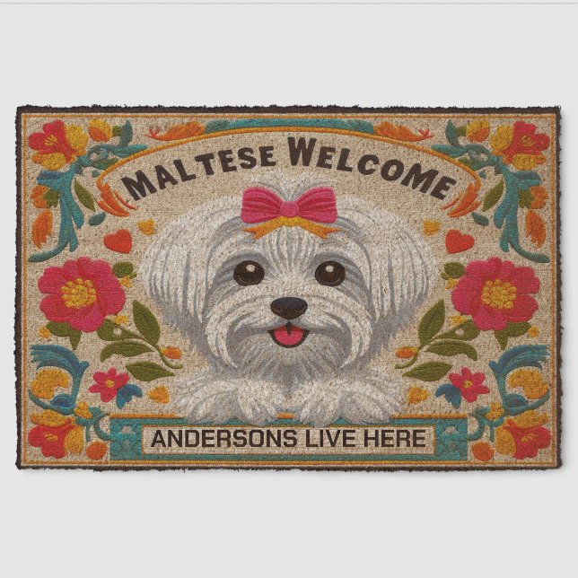 Personalized Name Welcome Maltese Dog Lover Fiber Doormat (Front)
