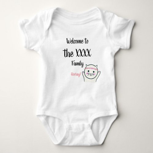 Personalized Name Welcome to the family hooray cat Baby Bodysuit