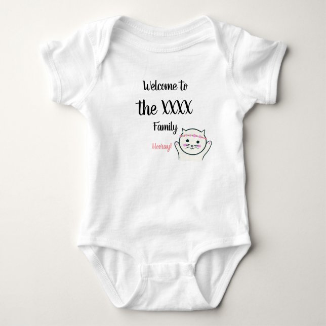 Personalized Name Welcome to the family hooray cat Baby Bodysuit (Front)