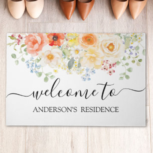 Personalized Name Welcome Watercolor Sunny Floral Doormat
