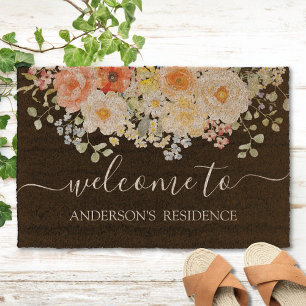 Personalized Name Welcome Watercolor Sunny Floral Fiber Doormat