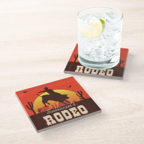 Personalized NAME Western Cowboy Bull Rider Rodeo Glass Coaster
