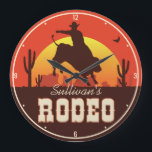 Personalized NAME Western Cowboy Bull Rider Rodeo Large Clock<br><div class="desc">Customizable NAME Western Cowboy Bull Rider Rodeo design - featuring wild west desert sunset with cactus and soaring hawks. Personalize with your Name or Custom Text!</div>