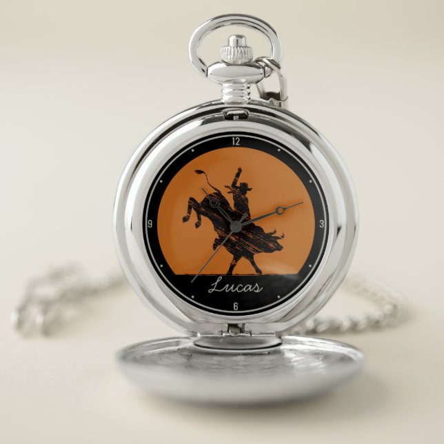 Personalized NAME Western Rodeo Bull Rider Cowboy Pocket Watch (Inside)