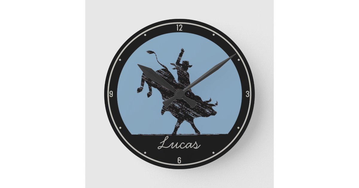 Personalized NAME Western Rodeo Bull Rider Cowboy Round Clock | Zazzle