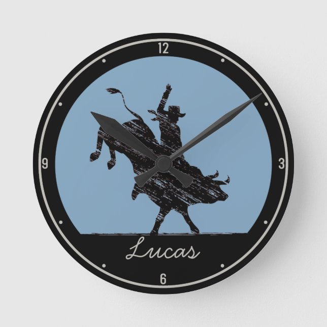 Personalized NAME Western Rodeo Bull Rider Cowboy Round Clock (Front)