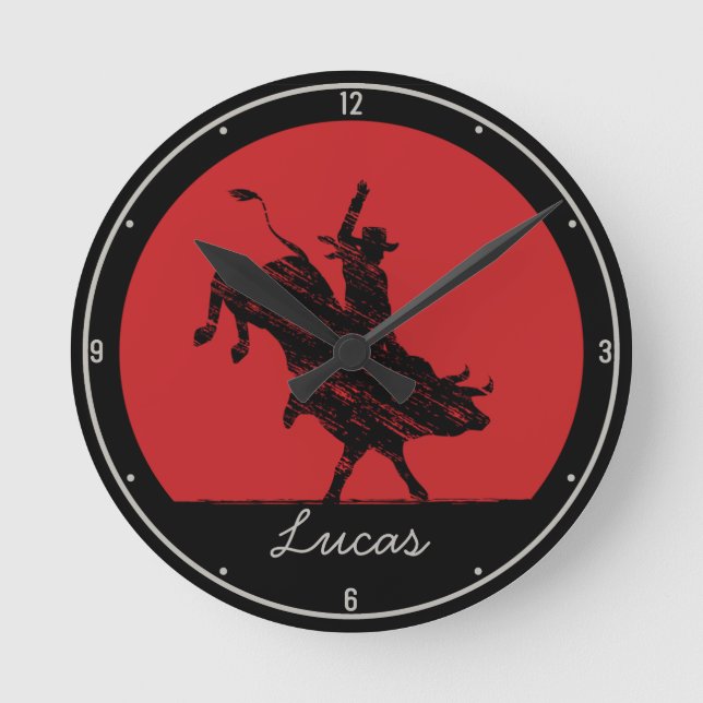 Personalized NAME Western Rodeo Bull Rider Cowboy Round Clock (Front)