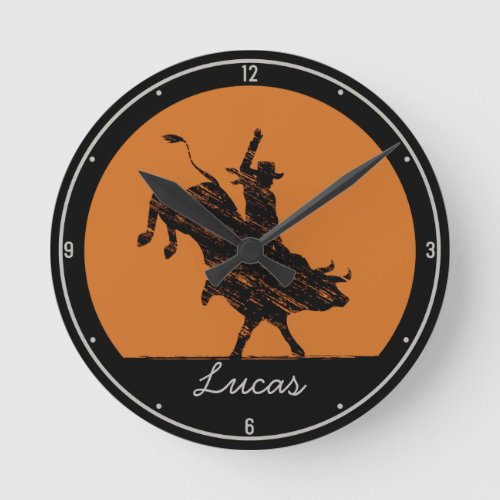 Personalized NAME Western Rodeo Bull Rider Cowboy Round Clock