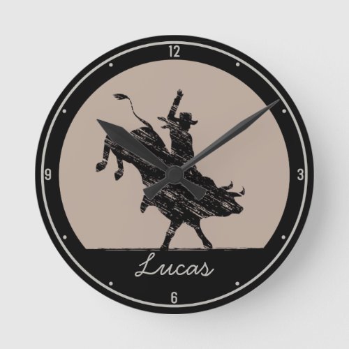 Personalized NAME Western Rodeo Bull Rider Cowboy Round Clock