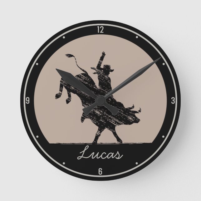 Personalized NAME Western Rodeo Bull Rider Cowboy Round Clock (Front)