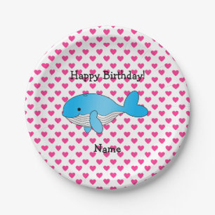 Personalized name whale pink hearts birthday paper plates