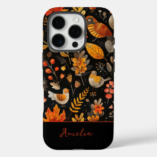 Personalized Name Whimsical Bird and Autumn Leaf iPhone 16 Pro Case