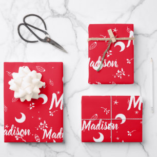 Personalized Name Whimsical Christmas Moon Doodles Wrapping Paper Sheets