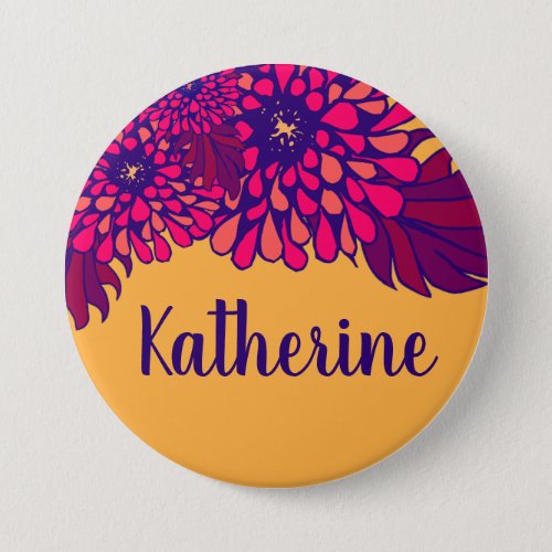 Personalized Name Whimsical Floral Pattern Yellow Button