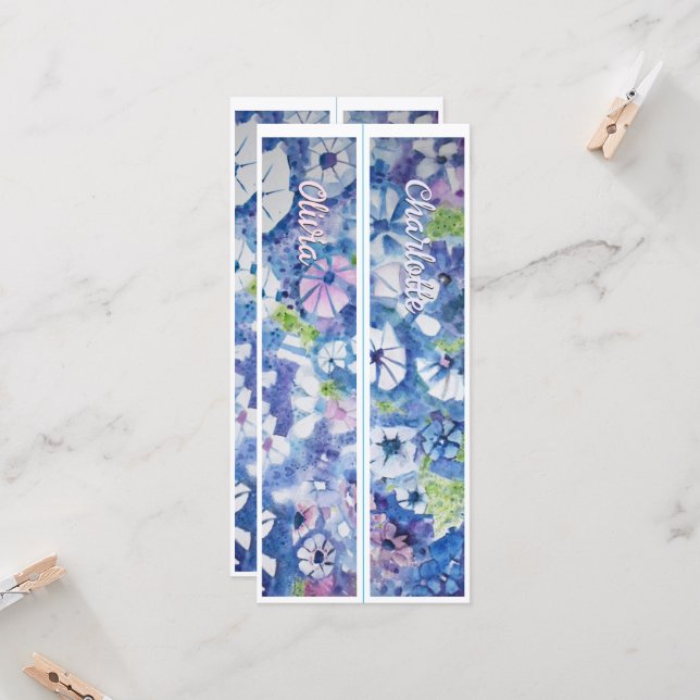 Personalized Name Whimsical Flowers Two Bookmarks (Front/Back In Situ)