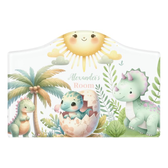 Personalized Name Whimsical Pastel Dinosaur Door Sign (Small Crest Front)