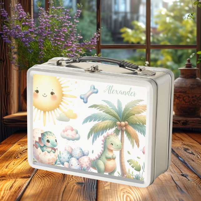 Personalized Name Whimsical Pastel Dinosaur Metal Lunch Box (Creator Uploaded)