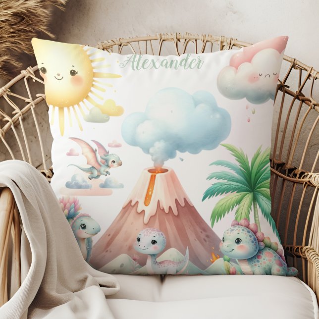 Personalized Name Whimsical Pastel Dinosaur Throw Pillow (Creator Uploaded)