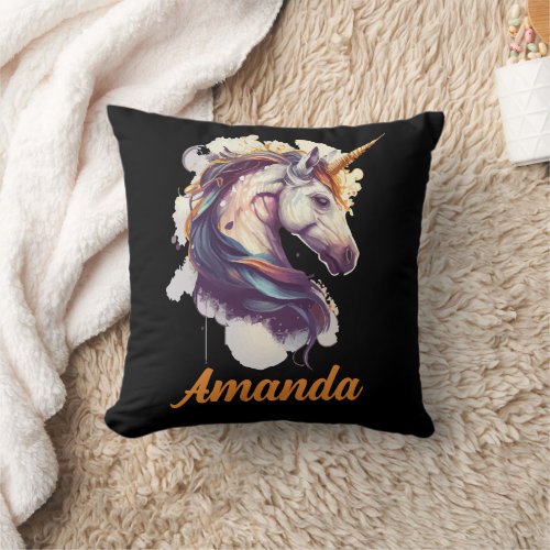 Personalized Name Whimsical Unicorn Watercolor Throw Pillow
